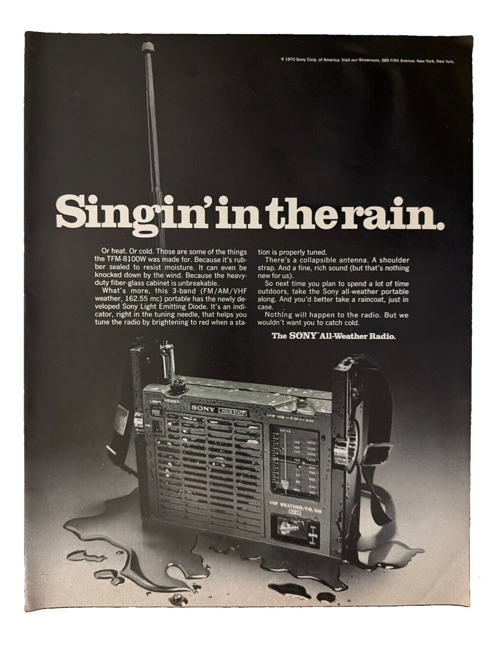 1970 Sony All-Weather Radio Print Ad Retro Music Electronics Vintage Waterproof